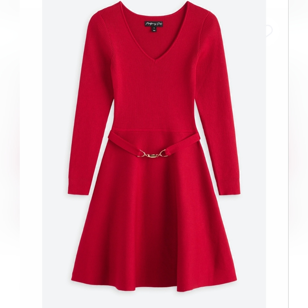 Montgomery Post - Bowie Sweater Red V-Neck Dress with Elegant Belt Detail